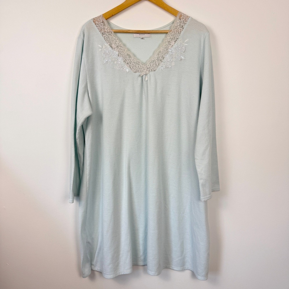 Miss Elaine Waffle Knit‎ Nightgown Womens 2X Light Blue Lace Floral Embroidery